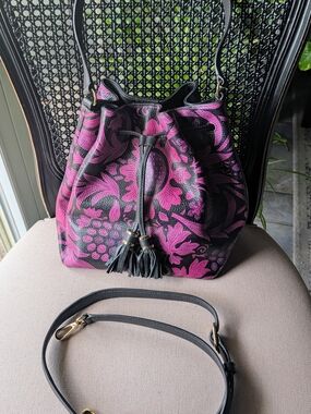 Talbots Black & Fuchsia Floral Drawstring Hobo